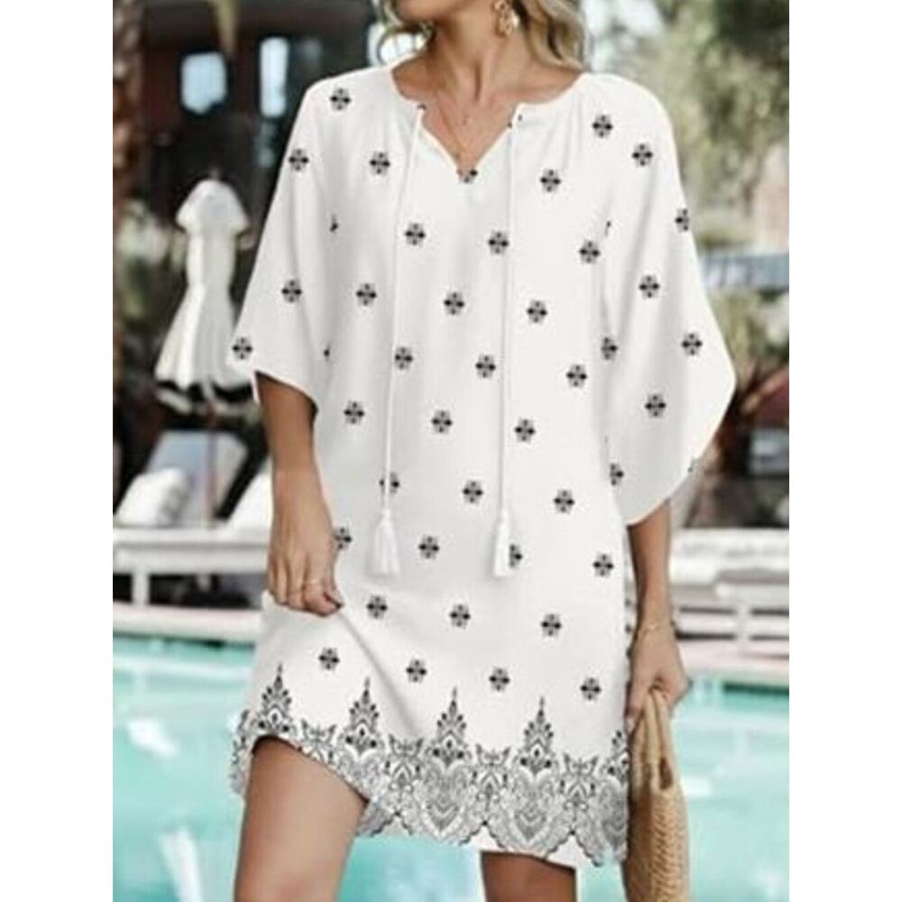 Women’s Black White Boho Beach Dress Tassel Tie V-Neck Cover Up with Pockets